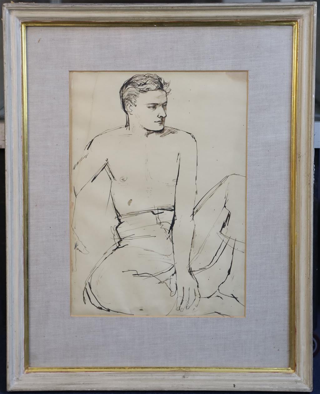 § John Minton (1917-1957) Two studies of a young man seated shirtless and with one arm folded 15 x 10.75in. and 14.75 x 10.25in.